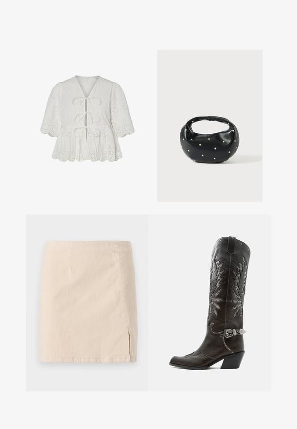 Hvid bluse med hulbroderi, puffede ærmer, bølget kant og tre bindebånd foran.; Beige corduroy miniskirt med lodret ribbet tekstur, med en sideslids for ekstra detaljer. Kantene er lige og ensartet syet.; Sort læder cowboystøvle med dekorative udskæringer, sølvspænde og skrå hæl, vist på hvid baggrund.; Sort læderhåndtaske med en rundet form, dekoreret med sølvnitter, og et kort håndtag. Glat tekstur og lynlåslukning.