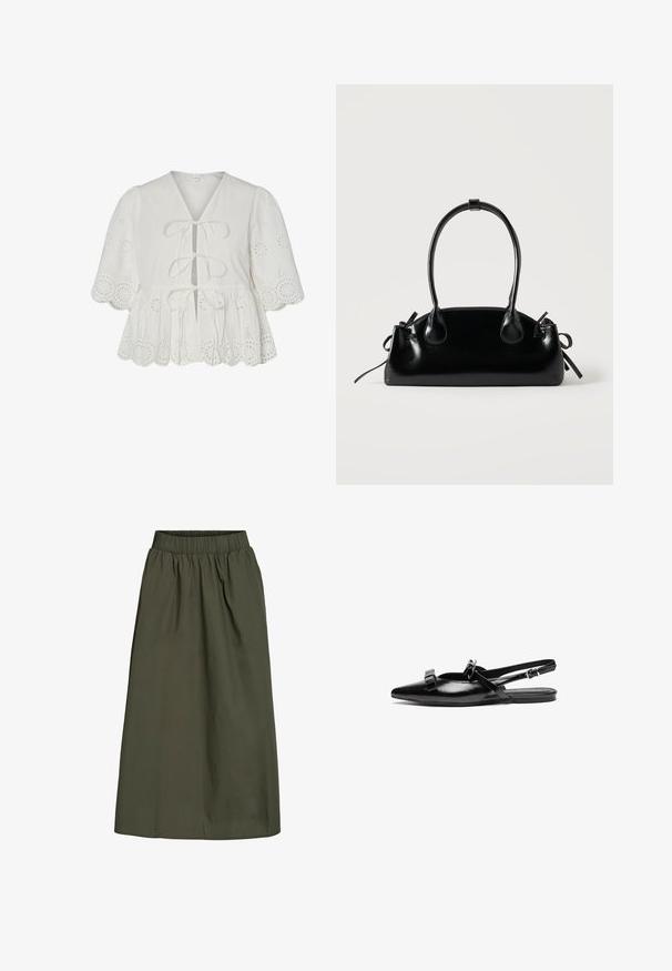 Blouse blanche avec broderie à jours, manches ballon, ourlet festonné et trois liens à l'avant.; Jupe olive, longueur cheville avec taille élastique froncée et une texture de tissu lisse, légèrement froissée.; Chaussure plate à bride arrière en cuir noir avec un bout pointu, ornée de volants sur le avant-pied et d'une sangle à cheville réglable. Texture de surface lisse.; Petit sac à main noir brillant avec deux longues anses et des détails à cordon sur les côtés sur un fond clair uni.