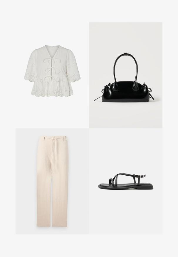 Blouse blanche avec broderie à jours, manches ballon, ourlet festonné et trois liens à l'avant.; Pantalons en lin beige avec une coupe droite, dotés d'un bouton de fermeture et d'une ceinture en tissu à la taille, offrant une apparence légère et texturée.; Sandales plates noires avec de fines brides réglables, un entre-doigt rectangulaire et une finition mate texturée. Elles présentent un talon bas légèrement carré.; Petit sac à main noir brillant avec deux longues anses et des détails à cordon sur les côtés sur un fond clair uni.