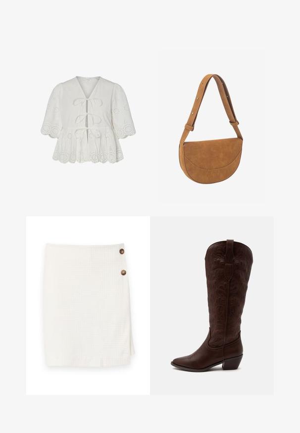 Witte blouse met ajourborduurwerk, pofmouwen, geschulpte zoom en drie voorstrikjes.; Witte rok van een textuurstof, met een wikkelontwerp en twee ronde knopen aan de zijkant voor sluiting.; Hoge bruine leren cowboylaars met gedetailleerde stiksels, een puntige neus en een blokhak op een effen lichte achtergrond.; Bruine halfmaanvormige leren schoudertas met verstelbare band en gestikte voorvakklep, met het "HVISK"-logo in reliëf.