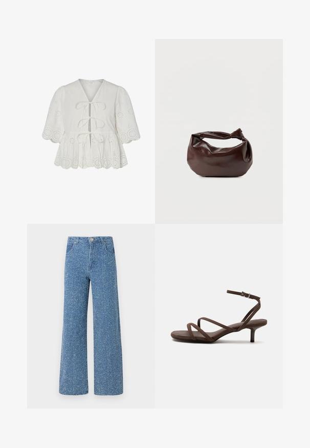 Witte blouse met ajourborduurwerk, pofmouwen, geschulpte zoom en drie voorstrikjes.; Blauwe denim wijde pijpen jeans met een gespikkelde textuur, voorzien van een voorste knoopsluiting, ceintuurlussen en twee voorzakken.; Bruine sandaal met hoge hak, dunne gekruiste bandjes en een enkelbandje met een zilveren gesp op een witte achtergrond.; Donkerbruine leren schoudertas met een zachte, slungelige vorm en een gedraaide knoopvormige handgreep op een effen witte achtergrond.