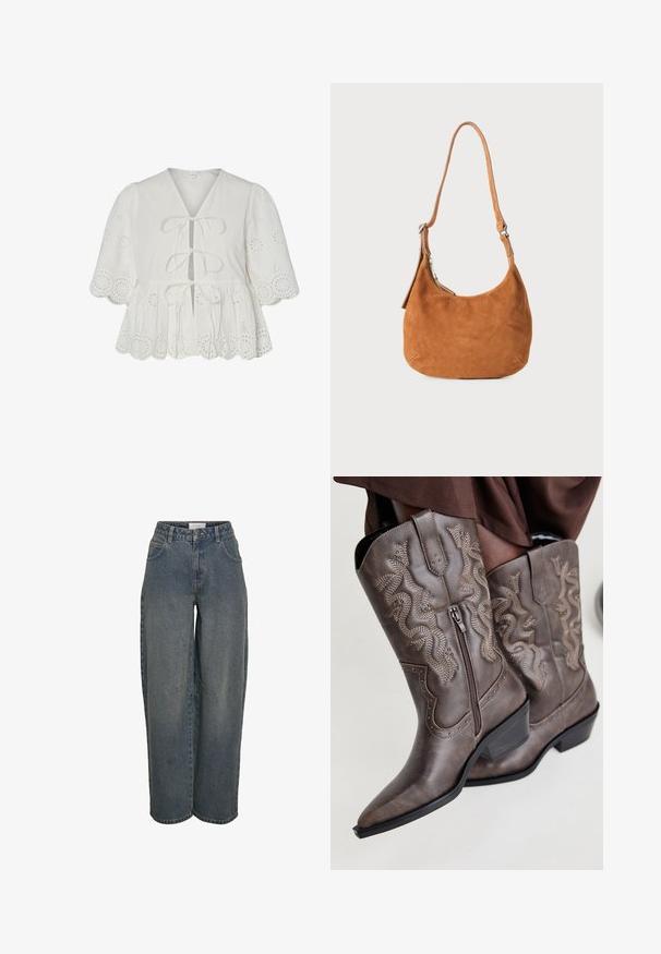 Hvid bluse med hulbroderi, puffede ærmer, bølget kant og tre bindebånd foran.; Bredde denimjeans i mørkeblå, lavet af tekstureret bomuldsstof. Har for- og baglommer samt en lynlås og knaplukning.; Brune læder cowboystøvler med spids tå, sidelukning og struktureret slange-design i beige, med dekorative nitter langs kanterne.; Tan ruskinds skuldertaske med buet design, justerbar rem, metallynlås og præget logo-detail på forsiden.