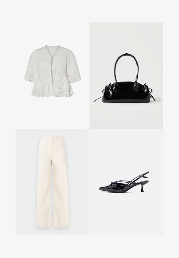 Witte blouse met ajourborduurwerk, pofmouwen, geschulpte zoom en drie voorstrikjes.; Brede pijpen broek van ivoorkleurige katoen. Heeft een hoge taille, twee achterzakken met metalen knopen en een schone, gladde textuur.; Zwarte slingback pump van lakleer met een spits toelopende neus, lage kittenhak en decoratieve knoopstrik aan de voorkant.; Kleine zwarte glanzende handtas met twee lange hengsels en zijkant trekkoord details op een effen lichte achtergrond.
