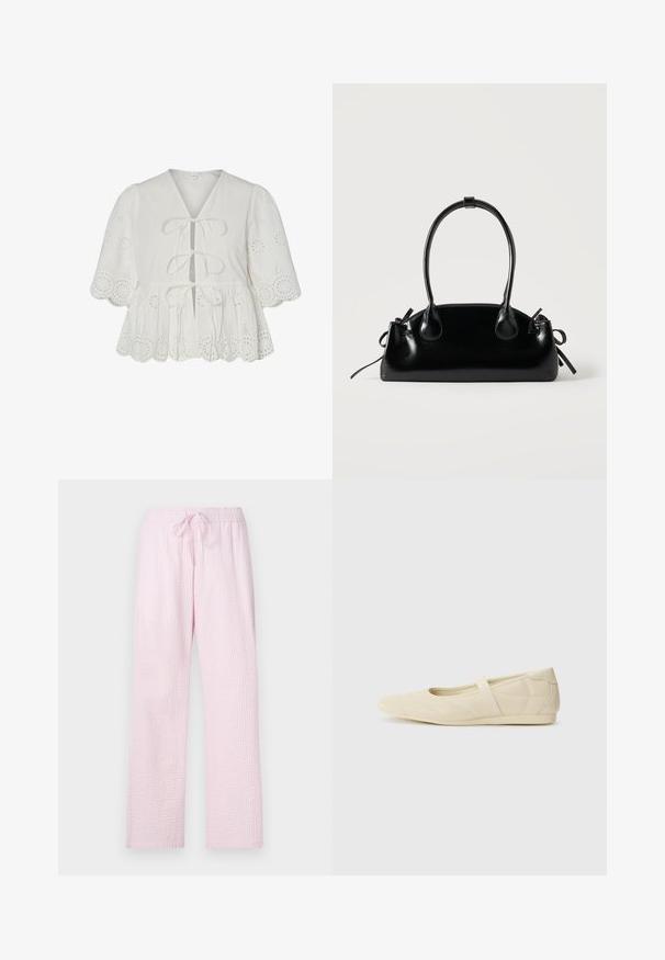 Blusa blanca con bordado de ojales, mangas abullonadas, dobladillo con borde festoneado y tres lazos delanteros.; Pantalones de pijama color rosa claro en una tela texturizada con un corte holgado, que cuentan con una cintura elástica y un cordón para ajustes.; Bailarinas beige con un exterior de cuero liso, punta en forma de almendra y una correa elástica en el empeine, con detalles de costura sutiles.; Pequeño bolso negro brillante con dos asas largas y detalles de cordón lateral sobre un fondo claro liso.