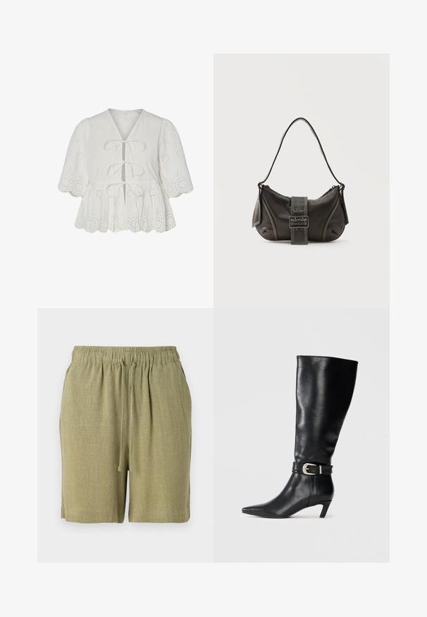 Blouse blanche avec broderie à jours, manches ballon, ourlet festonné et trois liens à l'avant.; Shorts vert olive fabriqués en tissu texturé et respirant. Dotés d'une taille élastique et d'un cordon de serrage pour un ajustement réglable.; Botte en cuir noir montant jusqu'au genou avec un bout pointu et un petit talon, présentant une boucle en argent décorative au niveau de la cheville. Texture lisse.; Sac à épaule en cuir noir avec une sangle à boucle, des bords arrondis et des coutures blanches contrastées sur un fond uni.