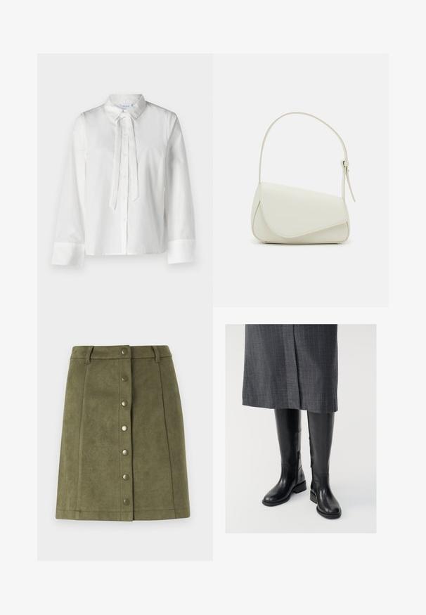 Hvid, langærmet skjorte med krave, frontknaplukning og en sløjfe detalje ved halsudskæringen. Glat stof og kort design.; Oliven grøn nederdel lavet af blødt, suede-lignende materiale. Har en frontlukning med metalknapper og en lige pasform.; Knæhøje sorte læderstøvler med en glat tekstur, lynlåse i siden og en flad sål. Støvlerne har et struktureret skaft og minimalt hardware.; Hvid taske i faux læder med en struktureret trekantet form, enkelt justerbart skulderstrop og en flaplås med kurver.