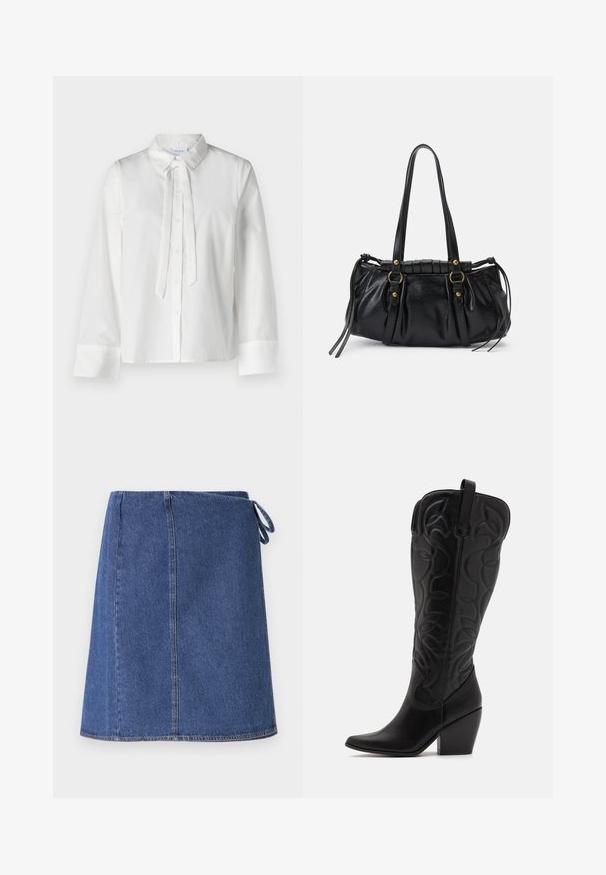 Witte blouse met lange mouwen, een kraag, sluiting met knopen aan de voorkant en een strikdetail bij de halslijn. Glad materiaal en cropped ontwerp.; Denim wikkelrok in donkerblauw. Heeft een rechte snit, zichtbare stiksels en een zijsluiting voor aanpassing. Glad textuur en standaard zoomlijn.; Zwarte leren kniehoge laarzen met puntige neus en gestapelde hak. Voorzien van decoratief stiksel en gebogen designelementen.; Zwarte leren handtas met een afgeronde vorm, dubbele handvatten, decoratieve hardware accenten en details met zijstrikken. Smooth, glanzende textuur.