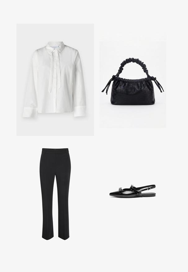 Blusa blanca de manga larga con cuello, cierre frontal de botones y detalle de lazo en el escote. Tejido suave y diseño crop.; Pantalones negros a medida con diseño de pierna recta. Fabricados con tela suave, cuentan con una pretina de talle medio y una sutil arruga frontal.; Zapato plano tipo slingback de cuero negro con punta afilada, que presenta acentos de volantes en el empeine y una correa ajustable en el tobillo. Textura de superficie suave.; Bolso negro con textura de cocodrilo, borde superior fruncido, asa recogida y cordones con borlas en cada lado sobre un fondo blanco.