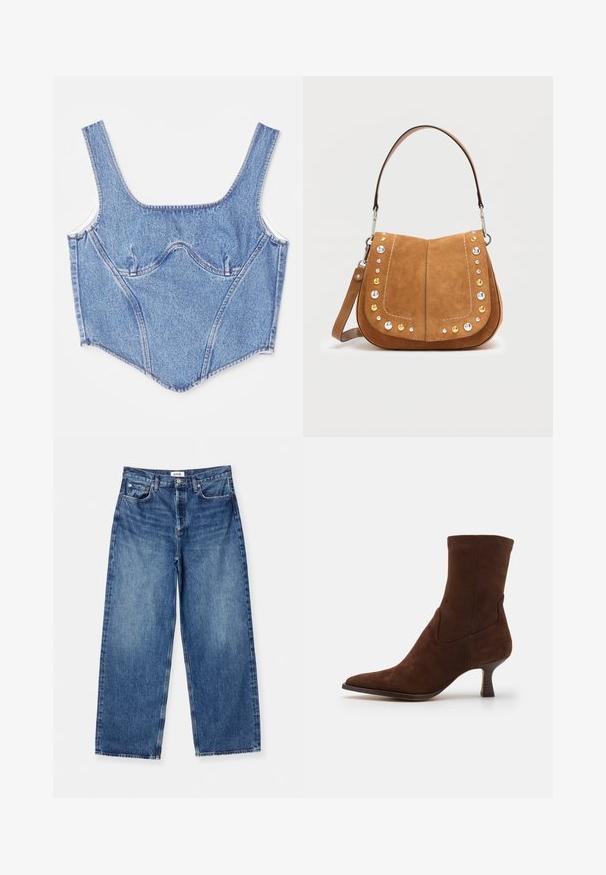 Denim korzetový top s širšími ramínky, strukturovanými švami a přiléhavým siluetou. Svetlomodrá farba s jemným vyblednutím a kontrastnými švmi.; Svetlomodré rifľové nohavice s širokými nohavicami, vyrobené z denimovej tkaniny, s klasickým dizajnom piatich vreciek, viditeľným prešívaním a stredne vysokým pásom.; Dolce Vita ARYA - Klasické členkové čižmy - dark brown; Hnedá semišová kabelka zaobleného tvaru, zdobená dekoratívnymi kovovými cvokmi v striebornej, zlatej a bronzovej farbe po prednej strane a s bielym prešívaním.