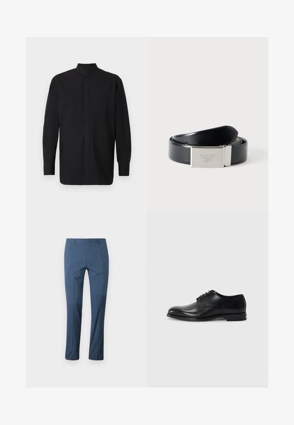 Chemise noire à manches longues avec un col montant, présentant une coupe droite et un design minimaliste. Le tissu semble lisse et structuré.; Pantalon bleu pour homme, coupe ajustée avec passants pour ceinture, présenté à plat sur fond blanc.; Chaussure habillée en cuir noir avec un bout arrondi, un lacet, une texture lisse et une semelle en caoutchouc basse. Détails de couture minimaux.; Ceinture en cuir noir enroulée avec boucle rectangulaire argentée embossée d’un logo d’aigle stylisé sur un fond clair uni.