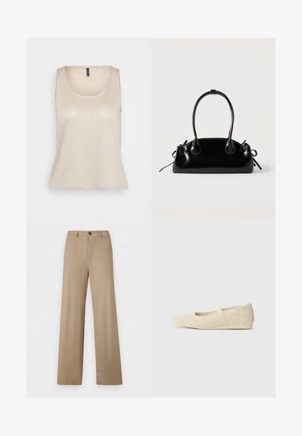 Top sin mangas de un beige claro con escote redondo, hecho de un material suave y brillante, que presenta un ajuste relajado y un dobladillo curvado.; Pantalones beige de talle alto, pierna ancha, con trabillas para cinturón y cierre de un solo botón en la cintura.; Bailarinas beige con un exterior de cuero liso, punta en forma de almendra y una correa elástica en el empeine, con detalles de costura sutiles.; Pequeño bolso negro brillante con dos asas largas y detalles de cordón lateral sobre un fondo claro liso.
