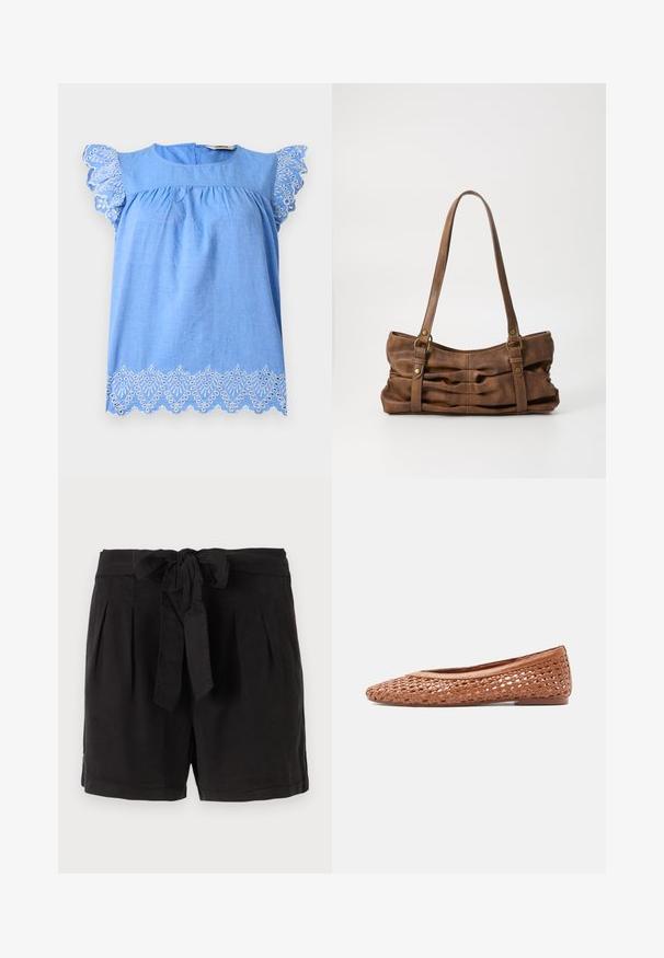 Blouse sans manches bleu clair avec des manches volantées bordées de dentelle et un ourlet, ornée de motifs floraux brodés en blanc.; Shorts en coton noir avec une ceinture à nouer à la taille, des plis à l'avant et des poches latérales. Texture lisse et design décontracté.; Chaussure plate en cuir tressé marron avec bout arrondi et petit talon, profil latéral sur un fond clair uni.; Even&Odd Sac à main - brown
