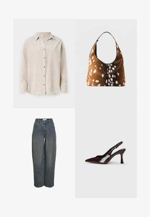 Camisa de manga larga color beige claro con un botón en el frente, corte relajado y tejido texturizado. Presenta un cuello clásico y botones visibles.; Jeans de tiro ancho en azul oscuro, hechos de una tela de algodón texturizada. Presentan bolsillos frontales y un cierre de cremallera con botón.; Zapatos de tacón slingback de charol marrón con punta afilada, tacón delgado y correa ajustable con una pequeña hebilla.; Bolso marrón y negro con textura de piel blanca con manchas y una sola correa negra para el hombro sobre un fondo liso.