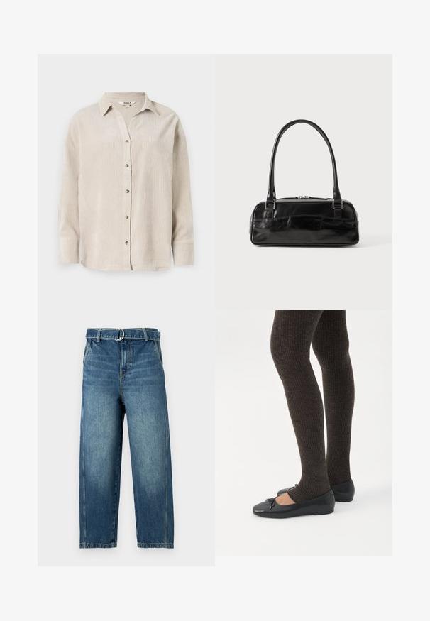 Lys beige langærmet skjorte med knaplukning fortil, afslappet pasform og et struktureret stof. Har en klassisk krave og synlige knapper.; Blå jeans i denim med højt liv, brede ben og bæltestrop med en metalring. Har slidte områder og subtile folder på stoffet.; Ben iført mørke ribbede leggings kombineret med sorte balletsko med små sløjfedetaljer på hvid baggrund.; Sort læderhåndtaske med rektangulær form, der har et enkelt struktureret håndtag, sølvhardware og lynlås-lukning. Glat tekstur.