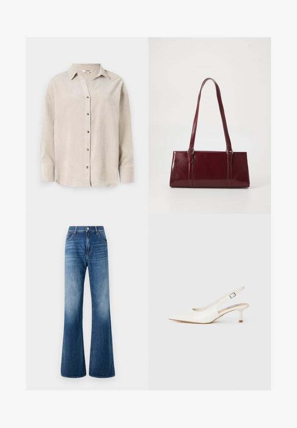 Helles beige Langarmhemd mit Knopfleiste, lockerer Passform und einer strukturierten Oberfläche. Verfügt über einen klassischen Kragen und sichtbare Knöpfe.; Ausgestellte blaue Jeans aus Denim mit ausgewaschenem Look, fünf Taschen, Gürtelschlaufen und Knopfverschluss vorne. Glatte Textur und klassischer Schnitt.; Weiße Slingback-Absätze mit spitzem Fuß, aus glattem Leder gefertigt. Sie verfügen über einen schlanken Absatz und einen Schnallenriemen für einen sicheren Sitz.; Burgunderfarbene Handtasche aus glänzendem Material, rechteckige Form, mit zwei Schulterriemen und subtilen, geschwungenen Akzenten an der Vorderseite.