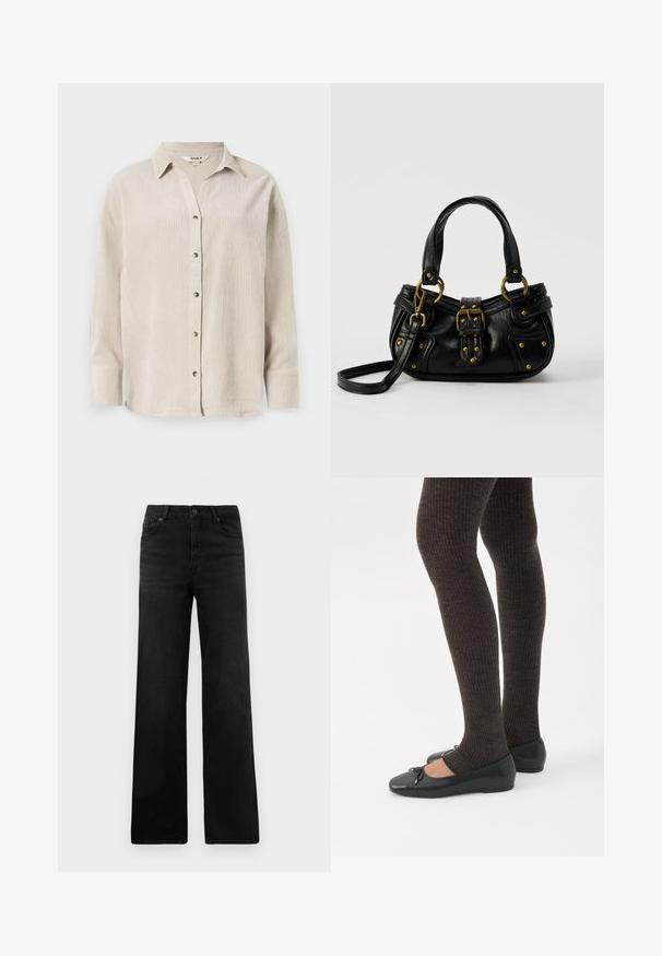 Lys beige langærmet skjorte med knaplukning fortil, afslappet pasform og et struktureret stof. Har en klassisk krave og synlige knapper.; Sorte denim bukser med vid ben og en klassisk fem-lomme-design, der inkluderer en knaplukning og subtil tekstur. Rene linjer og minimal pynt.; Ben iført mørke ribbede leggings kombineret med sorte balletsko med små sløjfedetaljer på hvid baggrund.; Sort læderhåndtaske med guldbælge og nitdetaljer, korte håndtag og en justerbar skulderrem på en ensfarvet hvid baggrund.