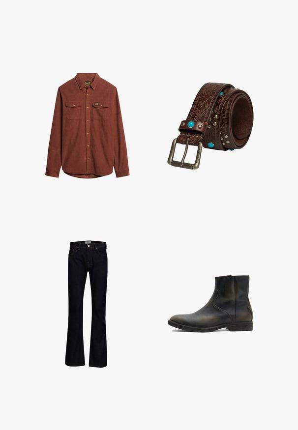 Bruine corduroy blouse met lange mouwen, knoopsluiting aan de voorkant, twee borstzakken en een gebrandmerkte patch op de linkerborstzak. Gladde textuur.; Donkerblauwe flare jeans van denim met een gladde textuur. Beschikt over vijf zakken, messing hardware en contrasterende stiksels.; AllSaints LANG - Lage laarzen - brown; Bruine leren riem met een geperst bloemenpatroon, een zilveren gesp gegraveerd met "Superdry" en versierd met turkooise en zilveren studs.