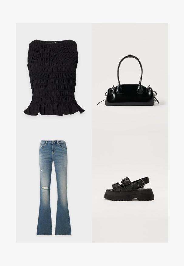 Schwarzes ärmelloses Oberteil mit geraffter elastischer Textur, Bootsausschnitt und gerafftem Saum am unteren Rand.; Blaue Denim-Flare-Jeans mit abgenutzten Details am linken Oberschenkel und Knie, Frontknopf und Fünf-Taschen-Design.; Schwarze Plateausandalen mit drei verstellbaren Schnallenriemen, einer strukturierten Sohle und einem glatten Obermaterial. Entworfen mit einer robusten, klobigen Silhouette.; Kleine schwarze glänzende Handtasche mit zwei langen Griffen und seitlichen Kordelzug-Details vor einfachem hellem Hintergrund.