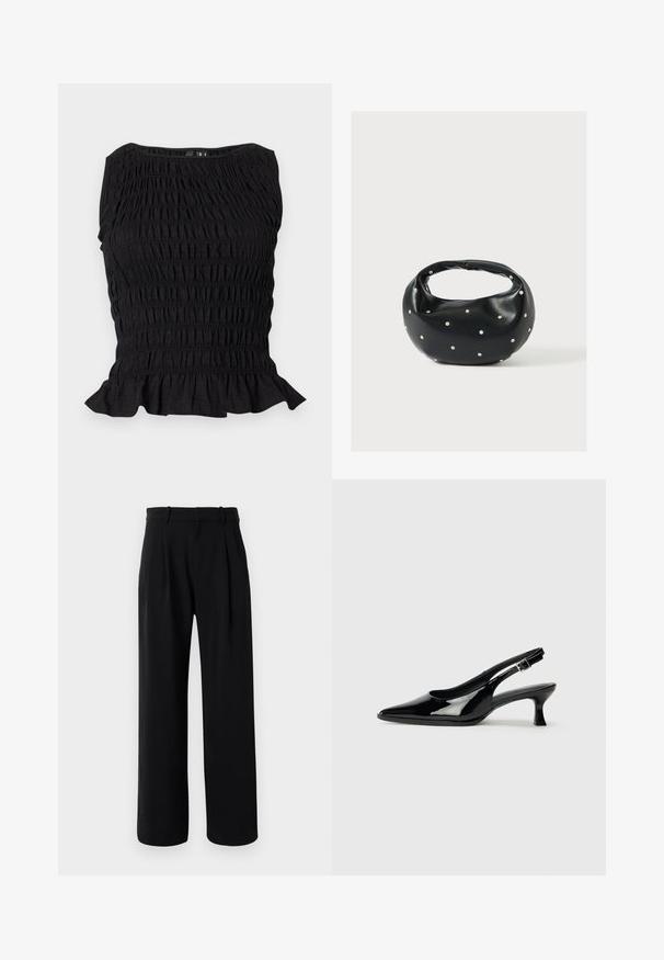 Top negro sin mangas con textura elástica fruncida, escote barco y volante en el dobladillo inferior.; Pantalones rectos de tiro alto en negro con piernas anchas, presillas para cinturón y pliegues en la parte delantera sobre un fondo blanco.; Zapatos de charol negro tipo slingback con punta afilada y tacón bajo. Correa ajustable con hebilla en el tobillo.; Bolso de mano de cuero negro con forma redondeada, decorado con detalles de tachuelas plateadas y un asa corta. Textura lisa y cierre con cremallera.