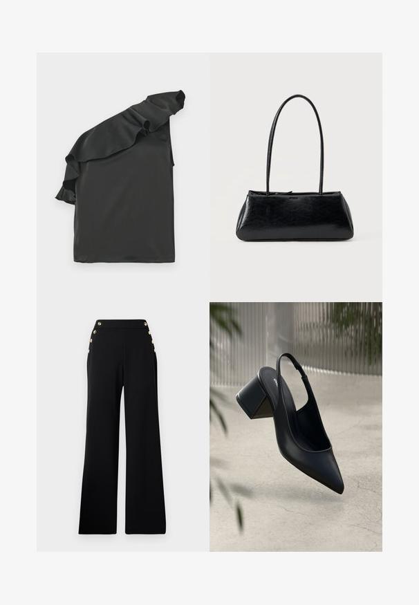 Schwarzes Satin-Oberteil mit einem einseitigen Schulterdesign und Rüschendetail. Glatte Textur, asymmetrische Form und keine sichtbaren Verschlüsse.; Schwarze hochtaillierte, weite Hose mit goldenen Knöpfen an der Vorderseite und Taschen an beiden Hüften auf weißem Hintergrund.; Schwarze Leder-Slingback-Pumps mit spitzem Zehenbereich und Blockabsatz. Glatte Textur, minimalistisches Design und verstellbarer Knöchelriemen.; Schwarze rechteckige Schultertasche mit langen dünnen Trägern und einer glatten, glänzenden Textur auf einfarbigem Hintergrund.