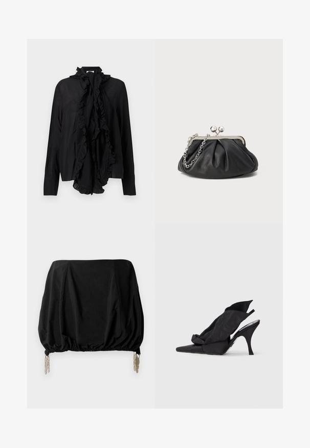 Sort bluse med lange ærmer, rynket høj hals og stort rynket bindedetalje foran, glat stof, skræddersyede manchetter.; Sort cropped top med en samlede design, med elastisk kant og metalliske clips som detaljer. Fremstillet af et letvægtsstof.; Sorte slingback-højhælede sko med spids tå, der har en draperet tekstiloverdel og en sløjfe på frontpanelet.; Sort læder clutch med samlet tekstur, sølvfarvet metalramme, kys-lås lukning og kædestrop. Glat, blød overflade.