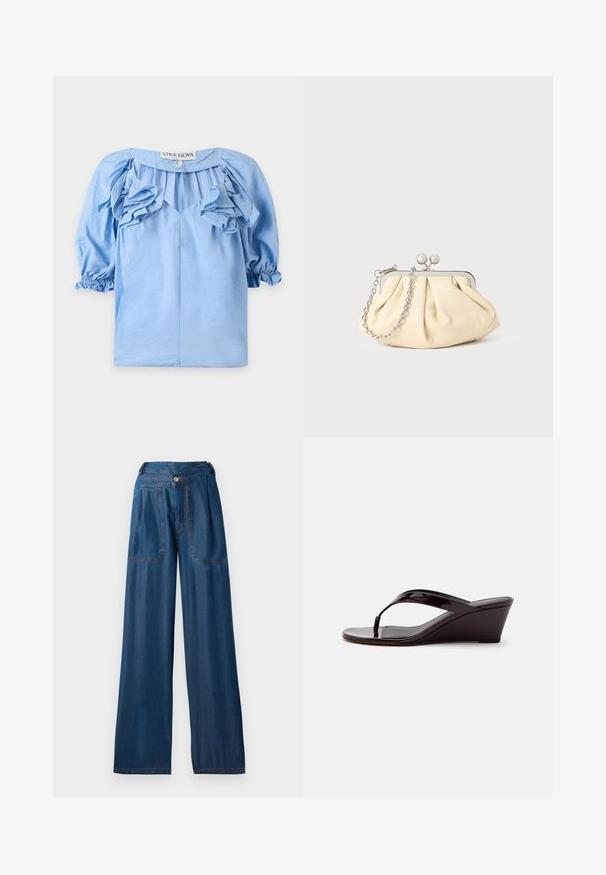 Lichtblauwe blouse met gerimpelde details op de borst en driekwart pofmouwen met elastische boorden, merk Stine Goya.; Donkerblauwe wijde jeans van denim, met twee voorzakken, een knoopsluiting en contrasterende oranje stiksels.; Bruine lakleren sleehaksandaal met teenslipperbandje en open teen, zijaanzicht tegen een effen achtergrond.; Geplooide beige leren clutch met een zilveren metalen frame, voorzien van twee ronde decoratieve sluitingen en een zilveren kettingriem.