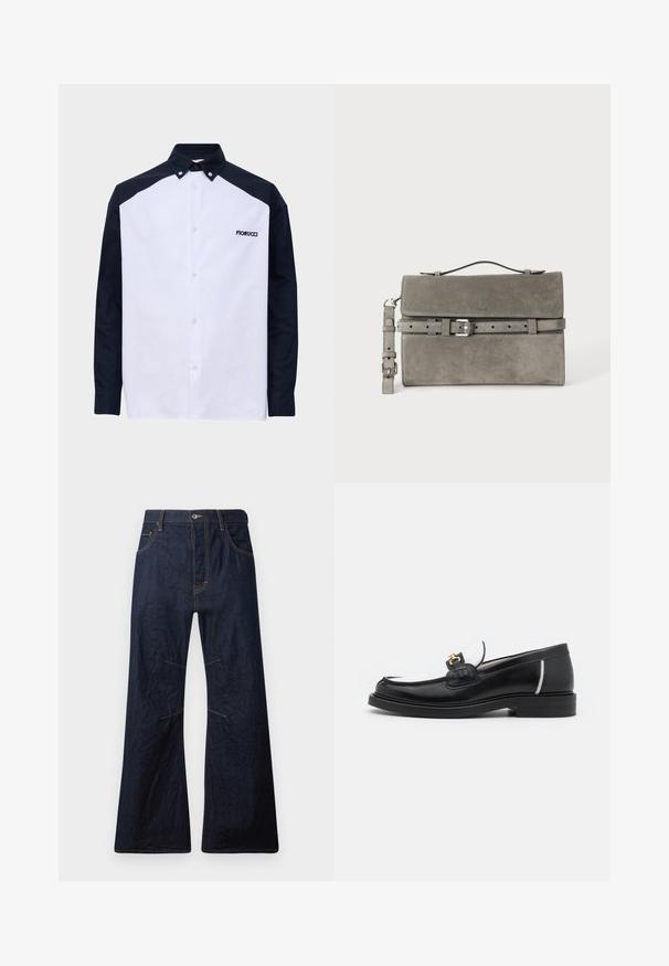 Langærmet skjorte med hvid frontpanel, sorte ærmer og skuldre, knapkrave og "Fiorucci" logo på brystet.; Mørkeblå denim flared jeans med gul syning, fem lommer og lynlåsgylf. Har vandrette sømme over knæene.; Sort læder loafers med rund tå, hvide detaljer og guldbelagte metaldele på vamps. Har et struktureret patch og stablet hæl.; Grå ruskind rektangulær clutch taske med top håndtag, aftagelig rem og sølv spænde bælte detalje på frontklappen.