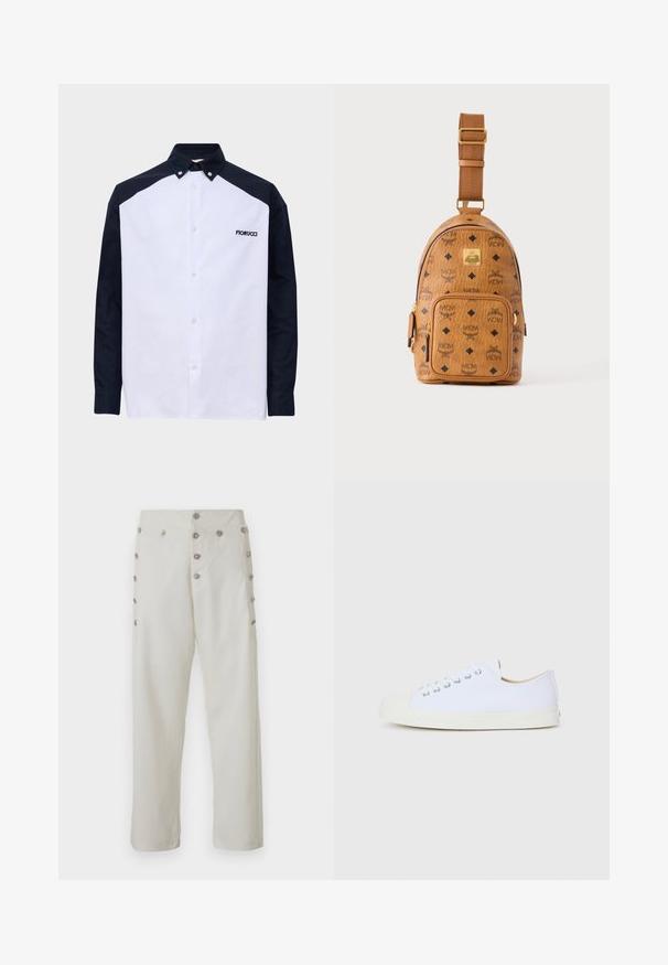 Hemd met lange mouwen, witte voorpaneel, zwarte mouwen en schouders, knoopkraag en "Fiorucci" logo op de borst.; Crème-kleurige broek met een rechte snit en decoratieve knopen van zilverkleur aan beide zijden, gemaakt van een gladde stof.; Witte canvas sneaker met een ronde neus, rubberen tip en platte zool. Voorzien van metalen oogjes en een eenvoudig vetersysteem.; Kleine lichtbruine leren crossbodytas met verstelbare schouderriem, voorvak met rits en herhalend zwart MCM-logo patroon.