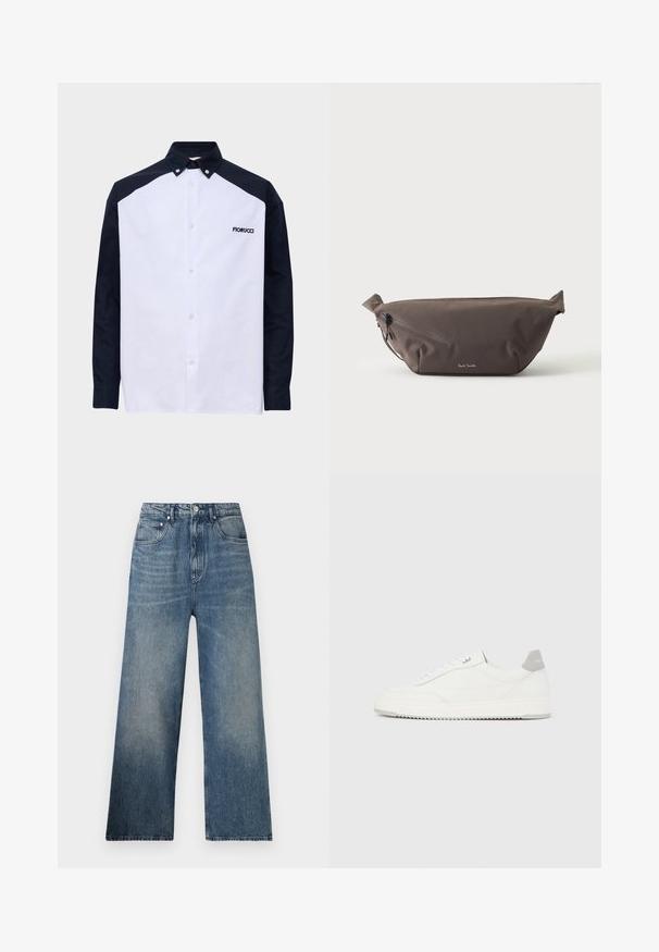 Hemd met lange mouwen, witte voorpaneel, zwarte mouwen en schouders, knoopkraag en "Fiorucci" logo op de borst.; Blauwe denim wijdgerande jeans met een hoge taille, voorzien van subtiele vervaging, vijf zakken en een metalen knoopsluiting aan de voorkant.; Witte lage sneaker met grijze hielpatch, witte veters en een gestructureerde zool, gepresenteerd op een effen lichte achtergrond.; Donkerbruine stoffen heuptas met diagonale ritssluiting en klein wit logo aan de voorkant, tegen een effen lichte achtergrond.