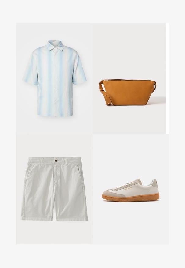 sandro Chemise - bleu; Shorts en coton blanc avec fermeture à bouton, passants de ceinture et poches latérales. Le tissu a l'air lisse avec un design classique et soigné.; Baskets basses blanches et beiges avec semelle en caoutchouc, lacets blancs, détails en daim et logo doré "Paul Smith" sur le côté.; Sac bandoulière en cuir marron clair avec sangle réglable et fermeture éclair, présenté sur un fond clair uni.