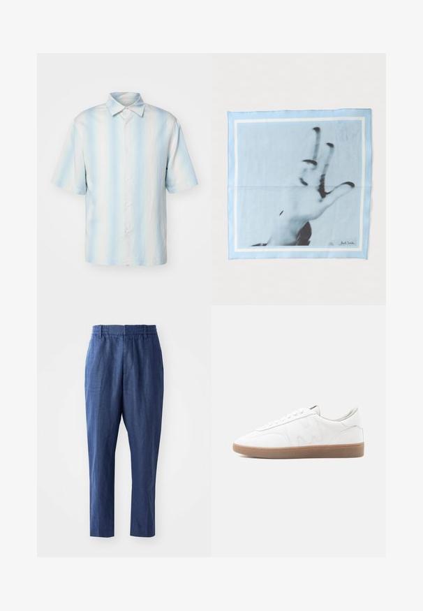sandro Chemise - bleu; Pantalons en lin bleu marine avec une coupe décontractée, une taille élastique et des jambes fuselées. Caractérisés par une texture lisse et des détails de couture minimaux.; Baskets basses blanches avec semelle en caoutchouc gomme, superpositions cousues et fermeture à lacets sur fond neutre.; Foulard carré bleu clair avec une photo en noir et blanc d'une main faisant un signe de paix, bordé de lignes blanches.