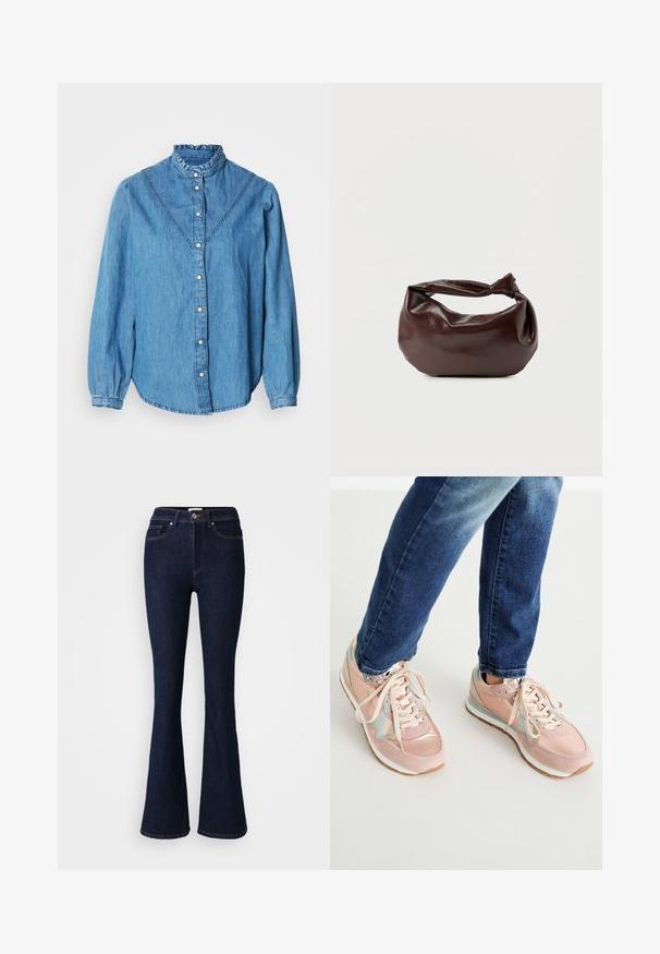 Chemise en denim bleu avec un col montant froncé, une fermeture boutonnée à l'avant et des manches longues. Elle présente des coutures décoratives et un ourlet légèrement arrondi.; Jean évasé en denim bleu foncé avec une taille haute, une fermeture par boutons et des poches à l'avant et à l'arrière. Texture lisse avec des détails de coutures contrastantes.; Baskets roses en matières suédé et cuir, avec des accents bleu clair, bout arrondi et semelles en caoutchouc blanches. Les lacets sont beige.; Sac bandoulière en cuir marron foncé avec une forme souple et décontractée et une anse nouée torsadée sur un fond blanc uni.