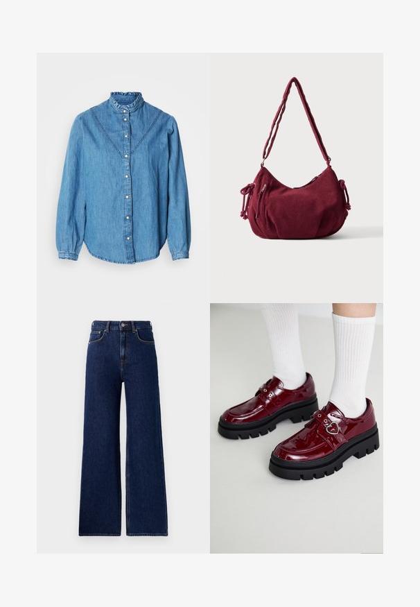 Blauw denim overhemd met een gerimpelde hoge kraag, knooplijst aan de voorkant en lange mouwen. Voorzien van decoratief stikwerk en een licht gebogen zoom.; Red Bull Racing x Pepe Jeans Wide leg - blue denim; Bordeaux patent leren schoenen met een dikke zwarte zool, dubbele band met hartdetail en geribbelde witte sokken. Retro ontwerp met dikke grip.; Zachte kastanjebruine corduroy schoudertas met verstelbare band, ritssluiting, zijstrikjes en een voorvak met rits.