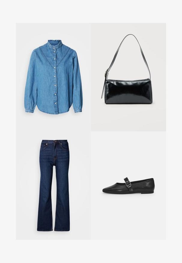 Blå denimskjorte med højt flæsekrave, knaplukning foran og lange ærmer. Har dekorative syninger og en let buet kant.; Vida, mørkeblå denimjeans med fem lommer, knaplukning og kontrastsyningsdetaljer. Glat tekstur med et robust udseende.; Sorte læder flade sko med rund tå, et enkelt justerbart spænde og en glat, blank overflade. Minimalistisk design med en lav hæl.; Sort rektangulær skuldertaske med en enkelt justerbar rem og lynlås i toppen på en ensfarvet baggrund.