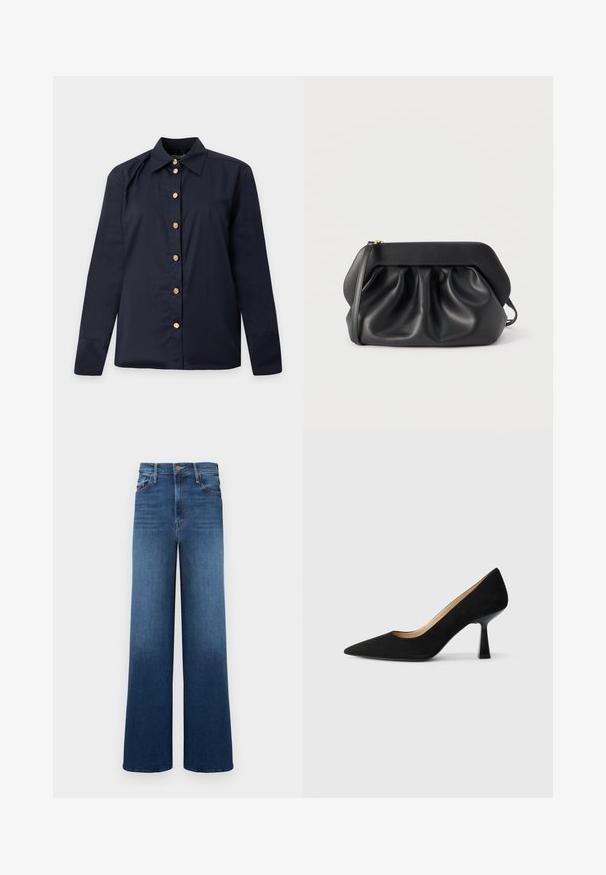 Chemise bleu marine manches longues à boutons avec boutons décoratifs dorés et col classique pointu sur un fond uni.; Jean large avec un dégradé de bleu, doté d'une taille haute, de cinq poches et de coutures contrastantes pour plus de détails.; Pompe à talons hauts en suède noir avec un bout pointu, dotée d'un talon bloc noir brillant et d'une doublure intérieure lisse.; Pochette en cuir noir avec une structure rigide, des détails froncés et une fine lanière de poignet sur fond blanc.