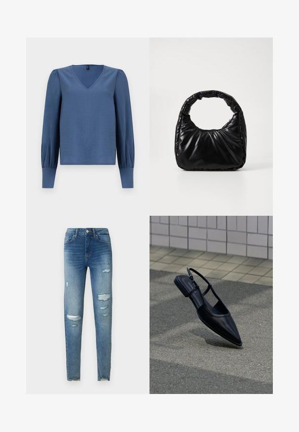 Blouse bleu à col en V avec de longues manches ballon et un tissu doux et texturé. Présente des poignets ajustés et une coupe décontractée.; Jean skinny en denim bleu clair avec des déchirures usées sur le devant. Comprend une fermeture par bouton et fermeture éclair, cinq poches et un ourlet effiloché.; Chaussure plate noire à bout pointu avec bride arrière, flottant au-dessus d'une surface en bitume à côté d'un trottoir carrelé.; Sac à main noir rembourré avec une poignée arrondie, présentant une surface lisse et brillante ainsi qu'une texture douce et matelassée. Pas de quincaillerie ou d'accents visibles.