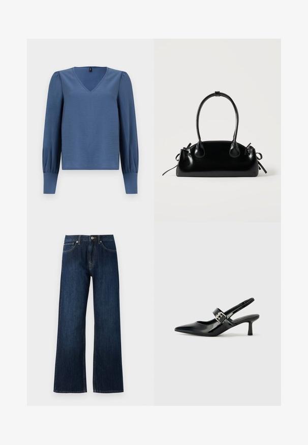 Blusa azul de cuello en V con mangas largas tipo globo y una tela suave y texturizada. Presenta puños ajustados y un corte relajado.; Pantalones vaqueros de pierna ancha de color azul oscuro, hechos de denim, con cremallera, cierre de botón y dos bolsillos frontales con costuras en contraste.; Zapatos de tacón en charol negro con tira al tobillo, punta afilada y un pequeño tacón bloque, que cuentan con un acento de hebilla plateada en la correa.; Pequeño bolso negro brillante con dos asas largas y detalles de cordón lateral sobre un fondo claro liso.