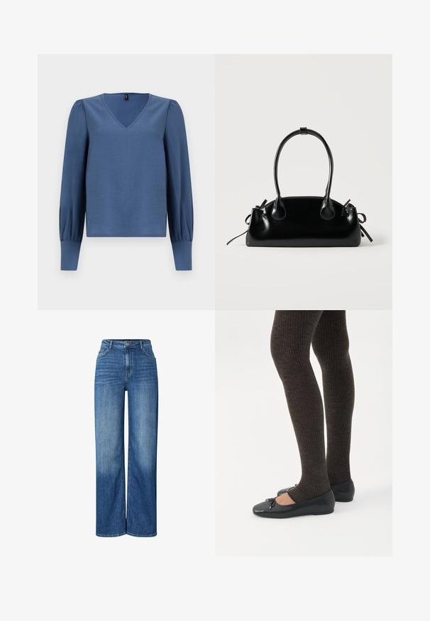 Blouse bleu à col en V avec de longues manches ballon et un tissu doux et texturé. Présente des poignets ajustés et une coupe décontractée.; Jeans en denim bleu à jambe large avec taille haute, présentant des zones décolorées, un design traditionnel à cinq poches et une fermeture à bouton à l'avant.; Jambes portant des leggings côtelés foncés associés à des ballerines noires avec de petits détails en nœud sur fond blanc.; Petit sac à main noir brillant avec deux longues anses et des détails à cordon sur les côtés sur un fond clair uni.