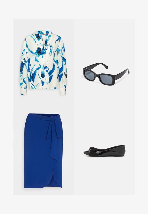 Anna Field Skjortebluser - white, blue; Blå indpakningskjole lavet af letvægtsstof, med en bindelukning i taljen, en asymmetrisk bundkant og en glat tekstur.; Sort balletflade med en blank patentfinish og en kontrasterende sort ruskinds sløjfe på tåen. Flad sål. Minimalistisk design.; Sorte rektangulære solbriller med mørkt tonede linser, tyk plastramme og brede stænger. Glat overflade og kantet design.