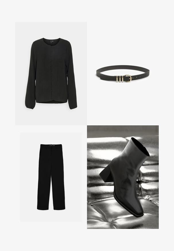 Vero Moda Tall VMALVA - Blouse - black; Pantalon noir à jambes droites avec passants de ceinture, fermeture éclair à l'avant et poches latérales, posé à plat sur un fond clair.; Botte noire à la cheville en matériau brillant avec un bout carré et un talon effilé, sur un fond argenté brillant et capitonné.; Ceinture en cuir noir texturé avec une boucle en métal doré comportant trois barres horizontales et de nombreux trous d'ajustement.