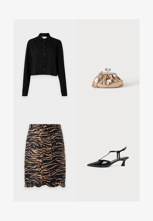 Zwarte cropped shirt met lange mouwen, een spitse kraag en een knoopsluiting aan de voorkant. Gemaakt van soepele stof met een ontspannen pasvorm en manchet-mouwen.; Zwarte en tan tijgergestreepte rok gemaakt van zacht stof, met een strik taille en een gegolfde zoom.; Zwarte lakleren lage hak slingback damesschoen met een spitse neus en een dunne band met een kleine gesp.; Kleine gouden metallic clutch met zilveren sluiting en kettingriem op een effen lichte achtergrond.