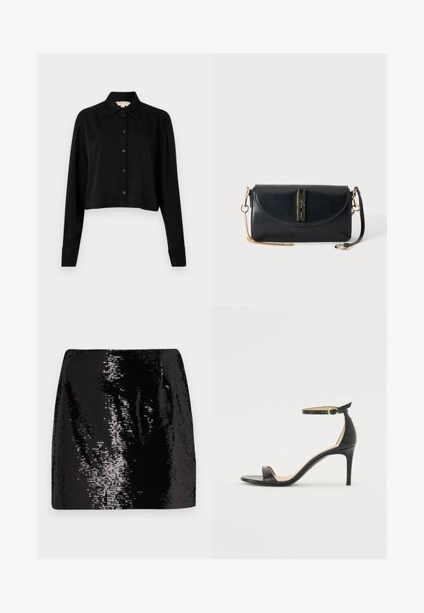 Chemise noire courte à manches longues, col pointu et fermeture par boutons. Fabriquée en tissu lisse avec une coupe décontractée et des manches à poignets.; Jupe mini en sequins noirs avec un design ajusté, taille haute et texture brillante, présentant des détails de surface réfléchissante et une silhouette épurée.; Sandale à talons hauts en cuir noir avec une lanière de cheville. Présente une texture lisse, un bout ouvert et un talon fin. Détail de boucle en ton doré.; Sac bandoulière en cuir noir avec rabat incurvé, bandoulière chaîne dorée et fermoir doré en forme de pince à linge sur fond uni.