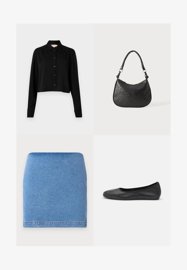 Sort cropped skjorte med lange ærmer, spidse krave og knaplukning foran. Fremstillet af glat stof med en afslappet pasform og manchetærmer.; Lysblå denim mini nederdel med en tætsiddende pasform, lige kant og subtil tekstur. Ingen synlige lukninger eller lommer.; Sort læderballetsko med rund tå, glat tekstur, minimal syning og et fleksibelt såldesign.; Sort vævet læder håndtaske med en buet form, der har et enkelt topgreb og hardware i guld tone. Lynlås lukning langs toppen.