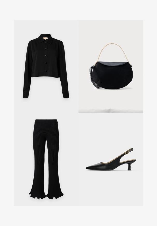 Zwarte cropped shirt met lange mouwen, een spitse kraag en een knoopsluiting aan de voorkant. Gemaakt van soepele stof met een ontspannen pasvorm en manchet-mouwen.; Rabanne Broek - black; Zwarte slingback schoen met spitse neus, lage uitlopende hak en gouden gespsluiting, getoond op een effen lichte achtergrond.; Zwart handtas in halve maanvorm met glad leren klep, gouden kettinghandvat en verstelbare zwarte leren riem, geplaatst op een witte achtergrond.