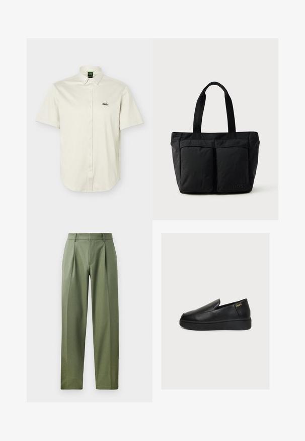 Camisa blanca de manga corta con botones, cuello abotonado, logo negro "BOSS" en el pecho y etiqueta interior del cuello verde.; Pantalones a medida en tejido verde olivo con una textura suave, que cuentan con dos pliegues frontales, trabillas para el cinturón y un diseño de pierna recta.; Zapato negro de plataforma de piel con diseño slip-on, suela gruesa y pequeño logo dorado "HUGO" cerca del talón sobre un fondo claro y liso.; Bolso tote negro con una construcción de tela suave, dos bolsillos frontales y asas resistentes. Logo mostrado en el lateral. Diseño simple y funcional.