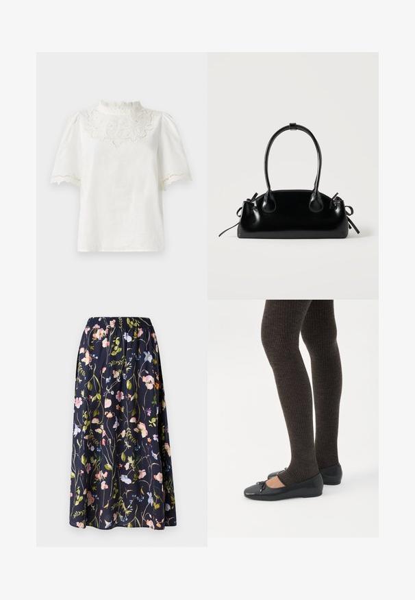 Top blanco de manga corta con un alto collar de encaje, que presenta intrincados bordados florales y detalles de dobladillo en forma de concha, fabricado en una tela ligera.; Falda floral en azul marino con una cinturilla elástica, que presenta un estampado de flores rosas, azules y verdes sobre un tejido texturizado.; Piernas con leggings oscuros acanalados combinados con bailarinas negras que presentan pequeños detalles de lazo sobre un fondo blanco.; Pequeño bolso negro brillante con dos asas largas y detalles de cordón lateral sobre un fondo claro liso.