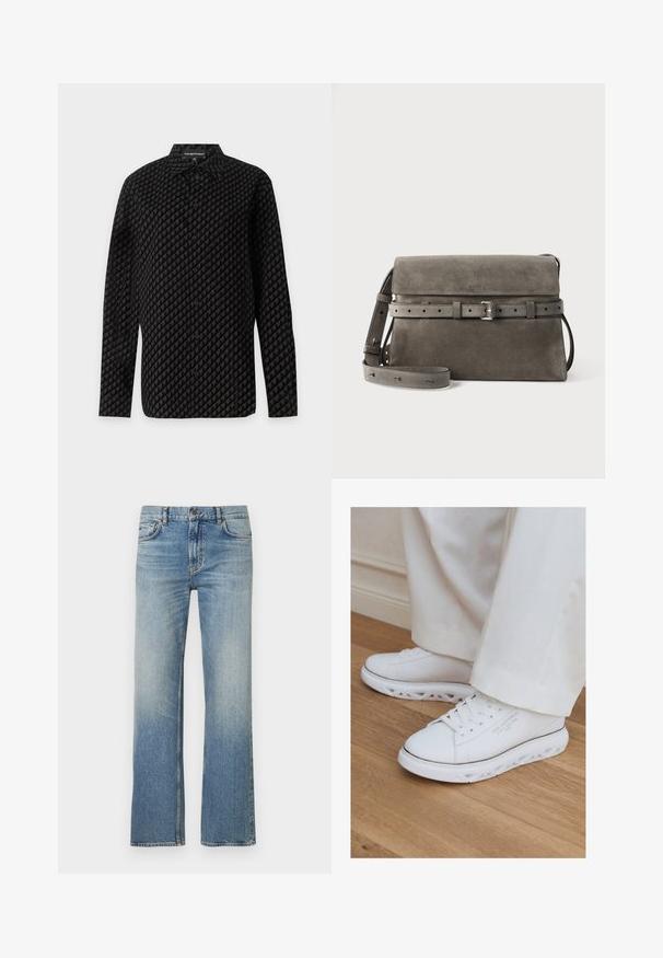 Chemise noire à manches longues boutonnée avec un motif pied-de-poule foncé et un col pointu, marquée d'une étiquette Emporio Armani à l'intérieur du col.; Jean en denim bleu clair avec une coupe droite, présentant une finition délavée, un design classique à cinq poches et des coutures contrastées.; Baskets basses blanches avec semelles découpées uniques portées avec un pantalon clair sur un sol en bois.; Sac bandoulière en daim gris avec une bandoulière à boucle ajustable et une fermeture à rabat, avec un logo de marque embossé discret au centre devant.