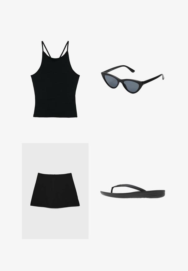 Sort ærmeløs tanktop med tynde dobbelte skulderstropper og rund halsudskæring, vist fladt på en hvid baggrund.; Sort mini nederdel med en glat tekstur, A-linjeform og buet nederkant. Har en lynlås bagpå til lukning, uden yderligere mønstre eller accenter.; Sort flip-flop med en struktureret rem, en polstret sål og et slankt, minimalistisk design. Velegnet til afslappet brug.; Sorte katteøje solbriller med mørkegrå linser, slankt plastisk stel, spidse hjørner og lige stænger. Ingen synlig hardware eller dekorationer.