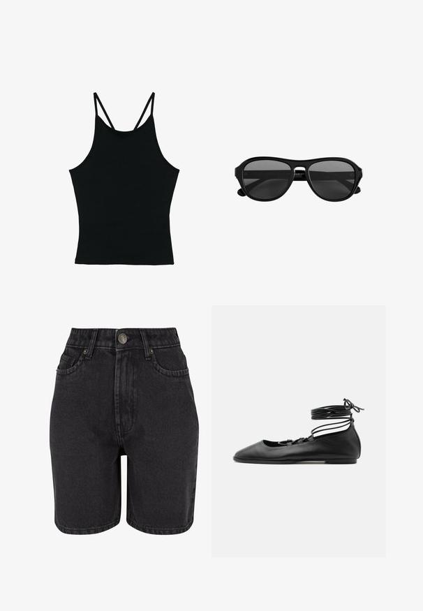 Zwarte mouwloze tanktop met dunne dubbele schouderbandjes en een ronde hals, plat liggend afgebeeld op een witte achtergrond.; Zwarte denim shorts met een hoge taille, vijf-pocket ontwerp en metalen knoopsluiting. De stof heeft een gladde textuur met subtiele vervaging.; Zwarte leren platte ballerinaschoen met een puntige neus, meerdere dunne bandjes over de bovenkant en veterstrikjes die rond de enkel zijn gewikkeld.; Zonnebril met zwart kunststof montuur, donkere getinte lenzen en een smalle brug, gezien van voren tegen een witte achtergrond.