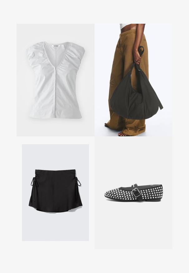 Blouse courte à manches courtes de couleur gris clair avec un décolleté en V profond. Dispose de détails froncés aux épaules et d'un ourlet droit, fabriquée à partir d'un tissu doux et lisse.; Jupe en tissu noir à la texture douce, dotée de liens ajustables de chaque côté et d'un ourlet incurvé. Design simple et moderne.; Chaussure plate noire à bout arrondi, dotée d'un design studded avec des accents métalliques et d'une sangle à boucle sur le cou-de-pied.; Personne portant un pantalon marron à jambes larges et un haut blanc tenant un grand sac à main noir souple par sa lanière à côté d'elle.